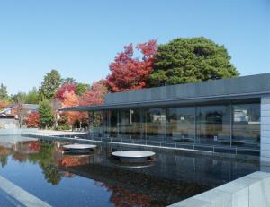 美術館の前の道から見ると、グレーの本館と奥の赤や黄色に彩られた紅葉が前の水庭に映り込みます。