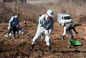 荒廃農地再生作業をする市長の写真