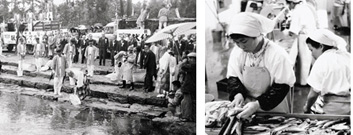 「伊勢神宮の五十鈴川で放魚式」と「冷凍加工場内の輸出用ニジマスの加工風景」の画像