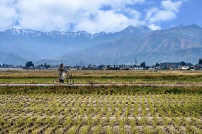 田園風景と山とサイクリングしている女性の写真