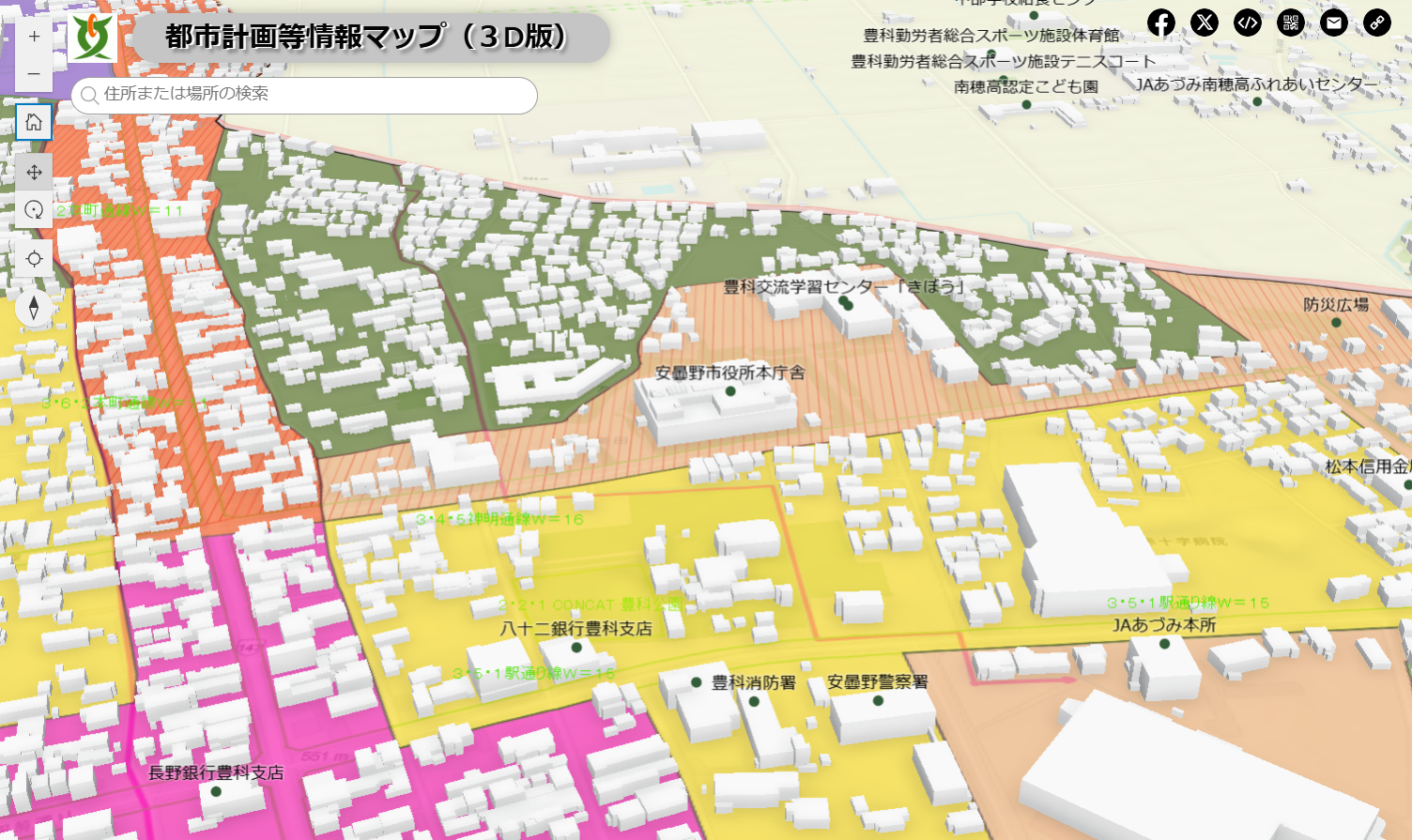 ３Dで表示された建物と都市計画情報が重なって表示されている安曇野市役所周辺の都市計画等情報マップ（３D版）の写真