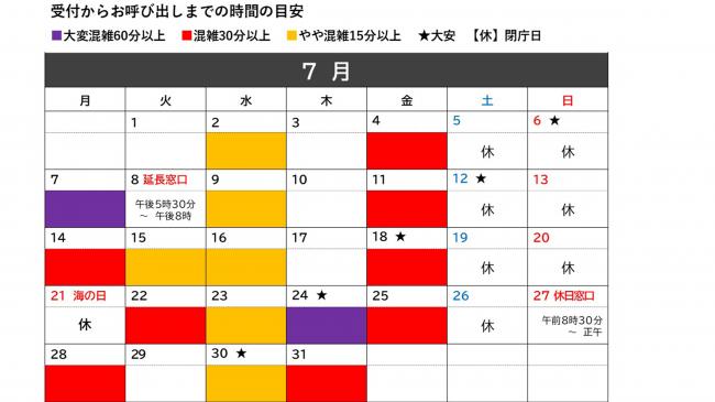 7月の混雑目安カレンダー
