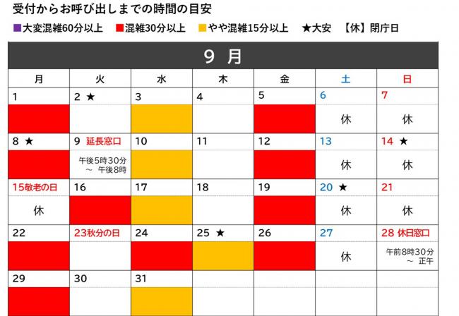 9月の混雑目安カレンダー